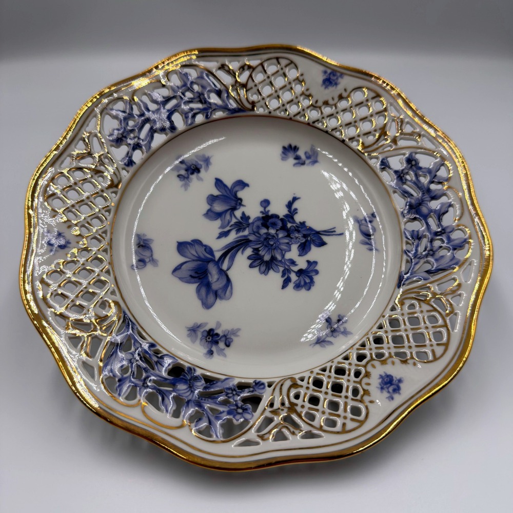 VTG Schumann Bavaria USA Zone Reticulated Plate Blue Floral Gold Gilt 7.5 Inch